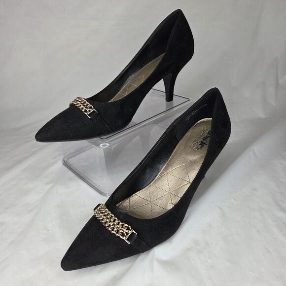 Coach And Four Black Suede Pumps Pointed Toe Low Stilettos Heels Sz 9 - Picture 1 of 8
